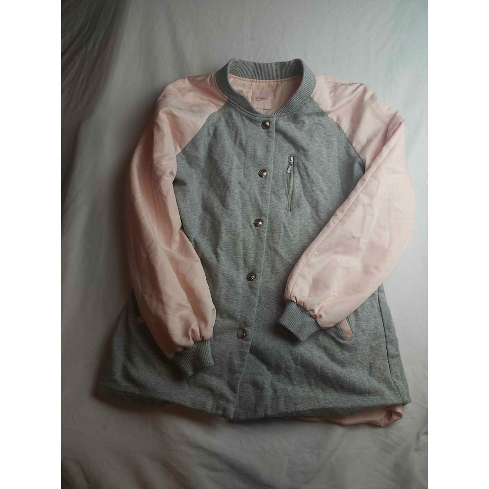 Candies‎ Womens Grey Pink Varsity Bomber Jacket Snap Front Longline Size Large